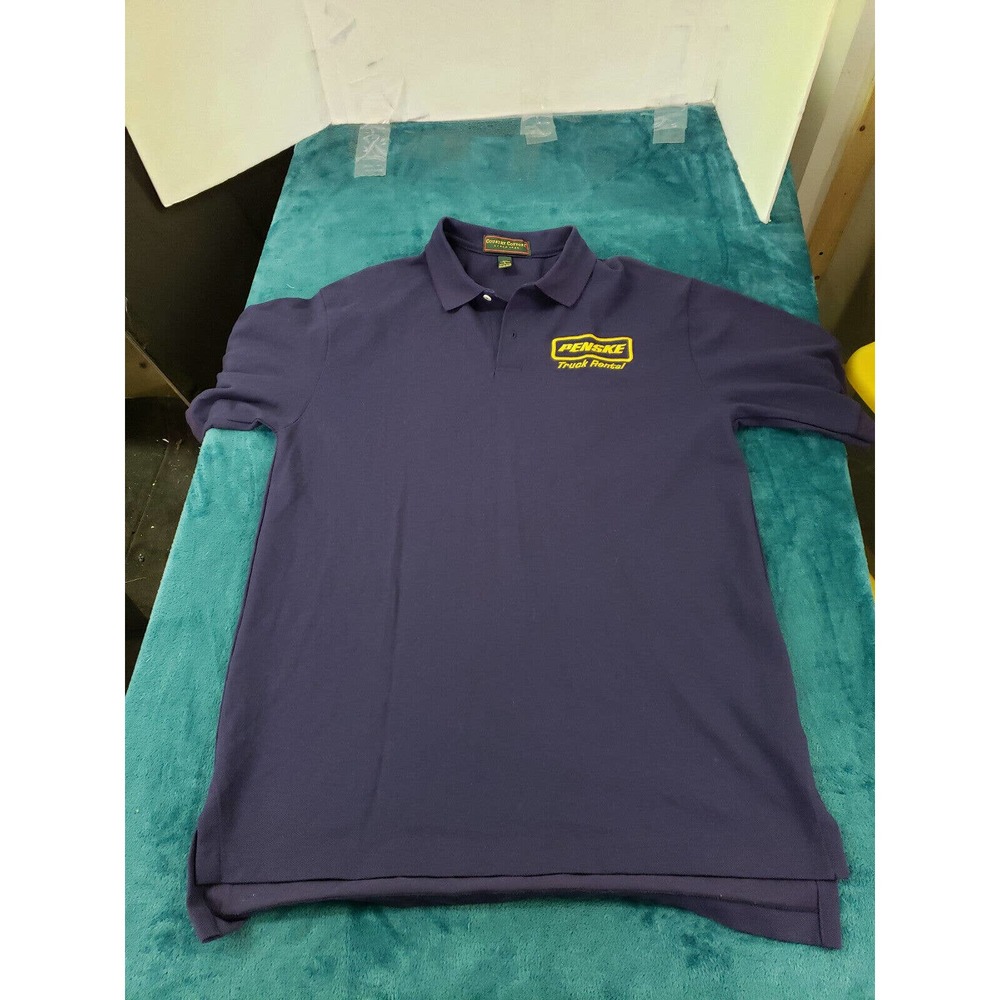 Vintage Penske Mens Blue Short Sleeve Polo Shirt Large 100% Cotton Preppy USA